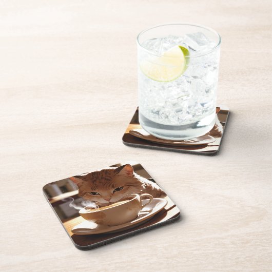 Dessous-de-verre Cat drinking coffee from a cup (Côté Droit)