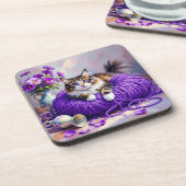 Dessous-de-verre Cat  in Purple Yarn and Flowers   (Côté gauche)