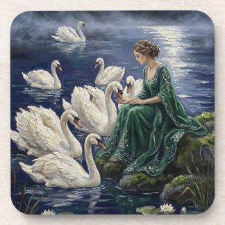 Dessous-de-verre Celtic Swans Moonlit Lake Night Fantasy Art