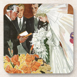 Dessous-de-verre Cérémonie de mariage vintage avec Mariée et Salle
