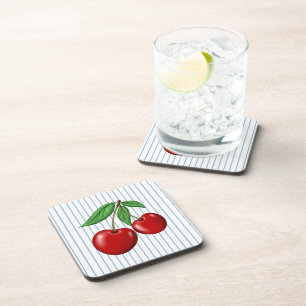 Dessous-de-verre Cerises Rouges sur Motif Graphique à Rayures Bleue