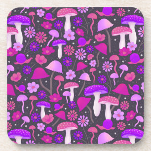 Dessous-de-verre Champignons floraux Trippy rose, violet et noir