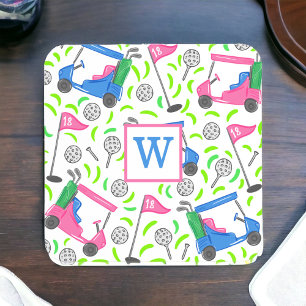 Dessous-de-verre Chariot de golf rose et bleu Prépa Monogramme Golf