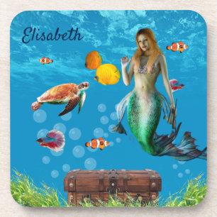 Dessous-de-verre Chasse au trésor sous-marin Sirène Imaginaire bleu