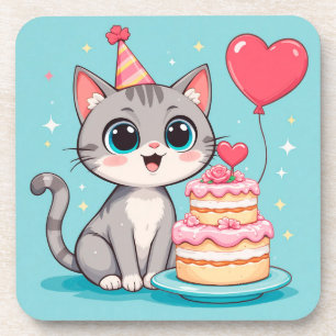 Dessous-de-verre Chat adorable célébrant son anniversaire avec un g