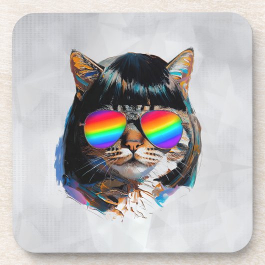 Dessous-de-verre Chat dans une perruque + Lunettes de soleil (Peint (Devant)