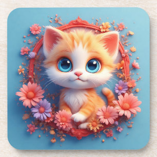 Dessous-de-verre Chat de dessin animé adorable entouré de fleurs co