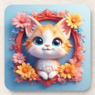 Dessous-de-verre Chat de dessin animé adorable entouré de fleurs co
