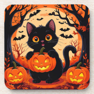Dessous-de-verre Chat de dessin animé et citrouilles sous la pleine