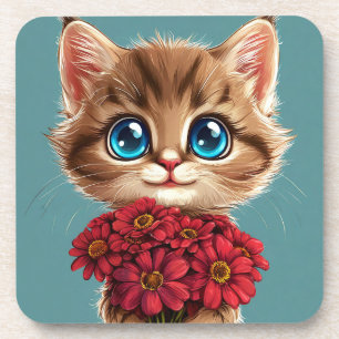 Dessous-de-verre Chat de dessin animé mignon Fleur rouge Cadeau pou