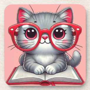 Dessous-de-verre Chat de dessin animé mignon portant des lunettes