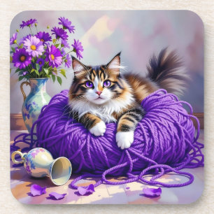 Dessous-de-verre Chat en fil violet et fleurs  