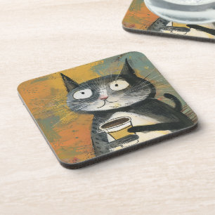 Dessous-de-verre Chat gris avec café sur fond ocre