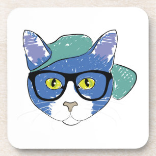 DESSOUS-DE-VERRE CHAT JAUNE EN VERRE NOIR ET CASQUETTE VERT