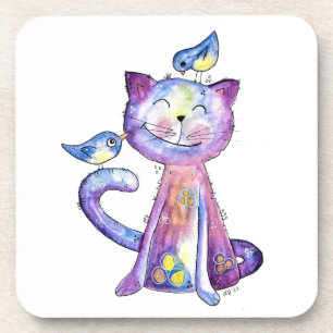 Dessous-de-verre Chat mignon blanc violet avec oiseaux