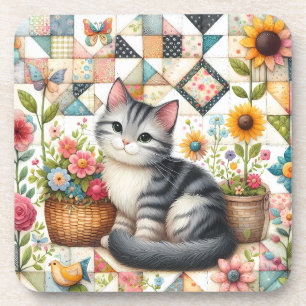 Dessous-de-verre Chat mignon sur courtepoint fleuri Cottagecore