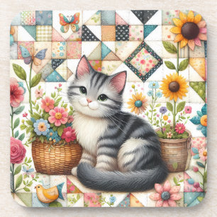 Dessous-de-verre Chat mignon sur courtepointe florale Cottagecore
