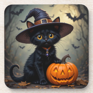 Dessous-de-verre Chat noir adorable portant un chapeau de sorcière