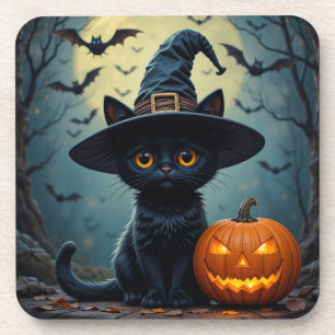 Dessous-de-verre Chat noir adorable portant un chapeau de sorcière