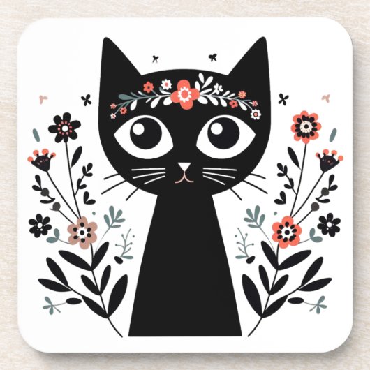 Dessous-de-verre Chat noir aux grands yeux entouré de fleurs (Devant)