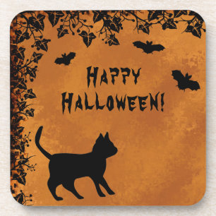 Dessous-de-verre Chat noir avec chauve-souris, Happy Halloween