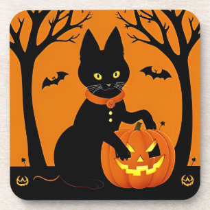 Dessous-de-verre Chat noir d'Halloween entouré de citrouilles