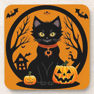 Dessous-de-verre Chat noir d'Halloween entouré de citrouilles