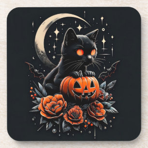 Dessous-de-verre Chat noir d'Halloween, Lune et Citrouille