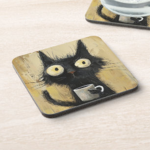 Dessous-de-verre Chat noir énervé avec du café sur fond marron grun