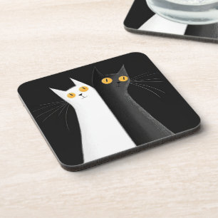 Dessous-de-verre Chat noir et chats blancs sur fond noir