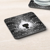 Dessous-de-verre Chat noir mignon sur Damask (Côté gauche)