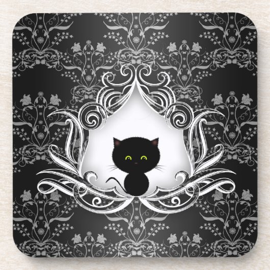 Dessous-de-verre Chat noir mignon sur Damask (Devant)