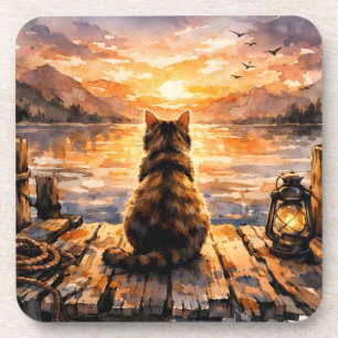 Dessous-de-verre Chat sur le quai au coucher du soleil