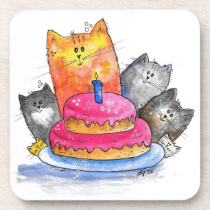 Dessous-de-verre Chats Whimsical avec gâteau d'anniversaire