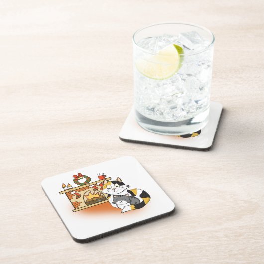 Dessous-de-verre Cheminée de Noël confortable Maman Chat avec chato (Côté Droit)