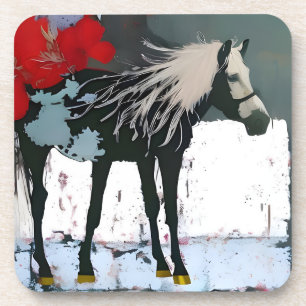 Dessous-de-verre Cheval et Fleurs rouges Beverage Coaster