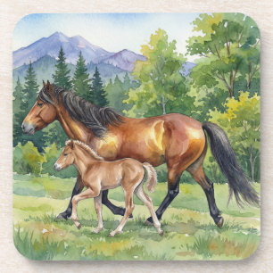 Dessous-de-verre Cheval islandais Sola et poulain dans une prairie