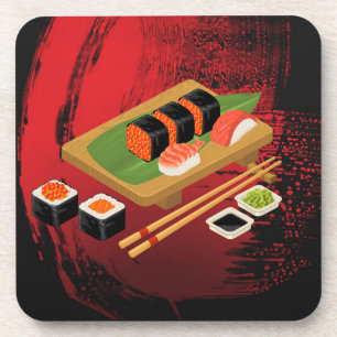 Dessous-de-verre Chic Moderne Élégant Cuisinier Sushi Noir & Rouge
