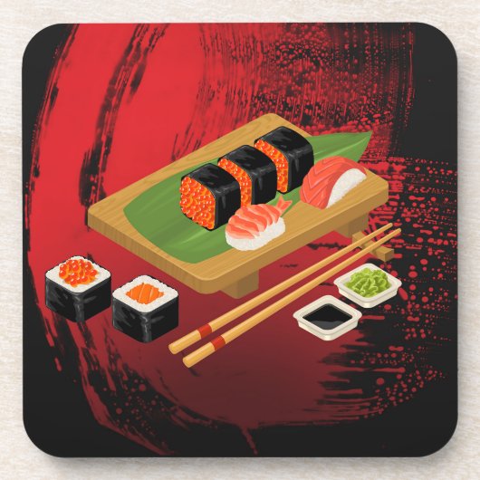 Dessous-de-verre Chic Moderne Élégant Cuisinier Sushi Noir & Rouge (Devant)