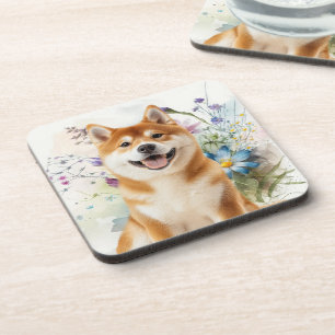 Dessous-de-verre Chien Akita Shiba Inu avec fleurs aquarelles bleue