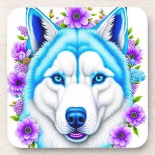 Dessous-de-verre Chien Husky avec yeux et fleurs bleus