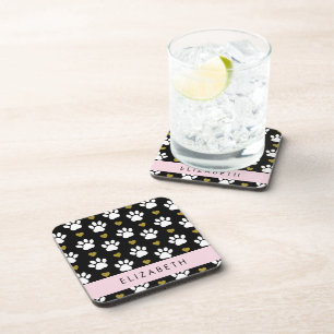Dessous-de-verre Chien Paws, White Paws, Gold Hearts, Votre Nom