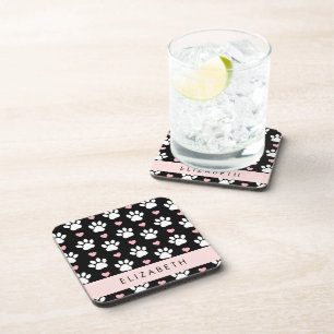 Dessous-de-verre Chien Paws, White Paws, Rose Hearts, Votre Nom