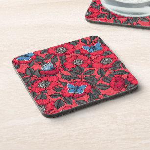 Dessous-de-verre Chien rose et papillons en rouge et bleu