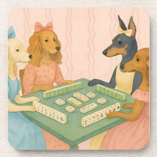 Dessous-de-verre Chiens mignons vintage jouant au Mahjong