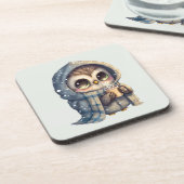 Dessous-de-verre Chouette à gros yeux mignonne tenant un café (Côté gauche)