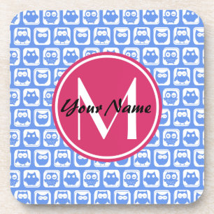 Dessous-de-verre Chouette bleue Motif rose Personnalisé Monogramme