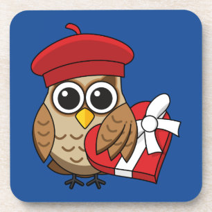 Dessous-de-verre Chouette mignonne avec béret rouge et boîte cardia