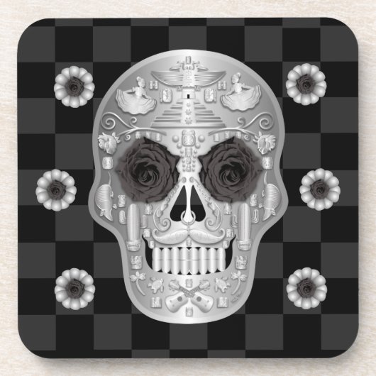 Dessous-de-verre Chrome Calavera (Rose noir) Beverage Coaster (Devant)
