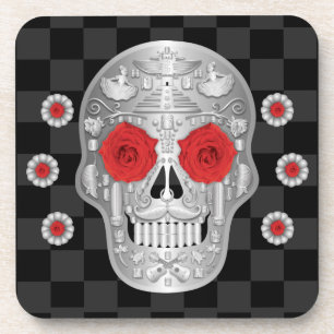 Dessous-de-verre Chrome Calavera (Rose rouge) Beverage Coaster